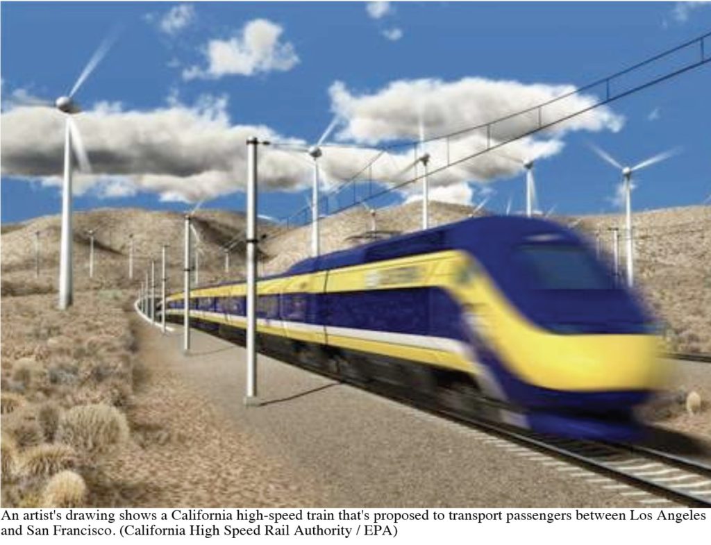 artist's conception of California high-speed rail train with windmills